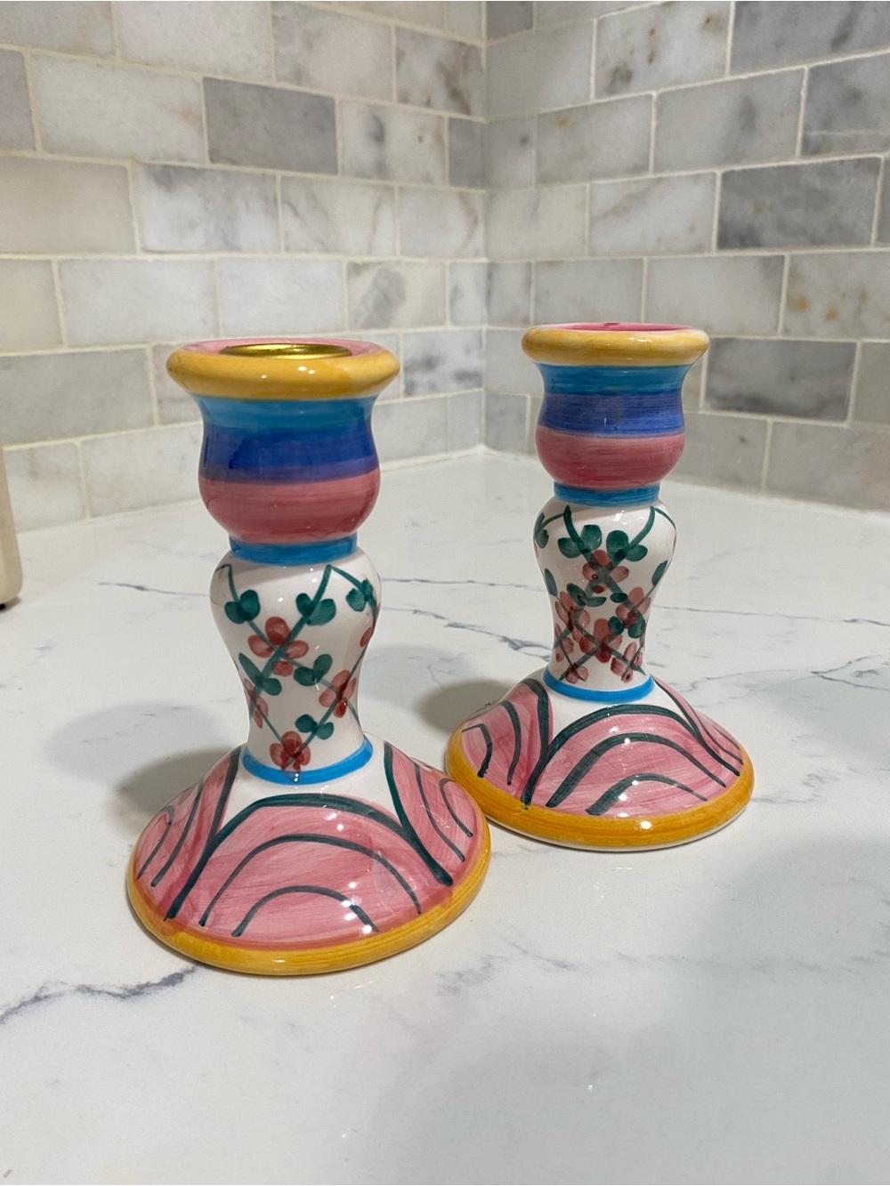 Hand-Painted Pink Floral Ceramic Candlestick Pair